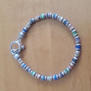 Vintage Multi Gemstone Cubes Sterling Silver Toggle Thin Bracelet 7 "